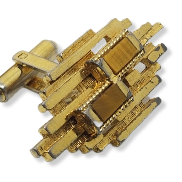 CHRISTIAN DIOR VINTAGE MID CENTURY MODERN GOLDPLATED & TIGERS EYE MENS CUFFLINKS - Picture 5 of 8